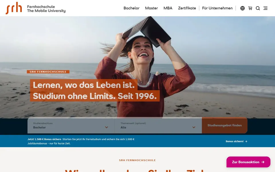 SRH Fernhochschule – The Mobile University – Ansicht der Anbieter-Website