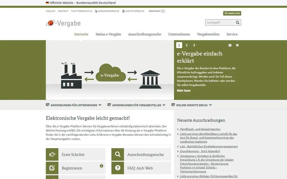 e-Vergabe des Bundes – Ansicht der Anbieter-Website