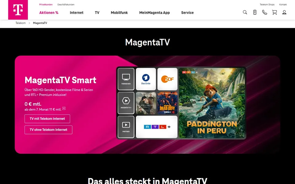 MagentaTV – Ansicht der Anbieter-Website