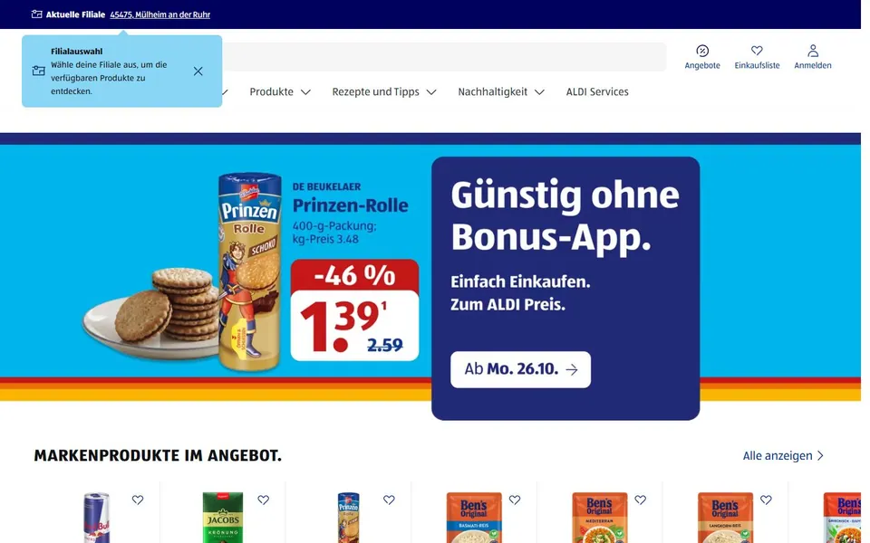 ALDI Süd – Ansicht der Anbieter-Website