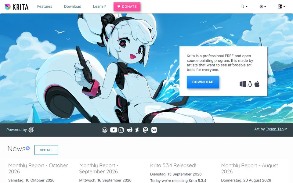 Krita – Ansicht der Anbieter-Website