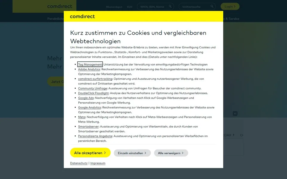 comdirect – Ansicht der Anbieter-Website