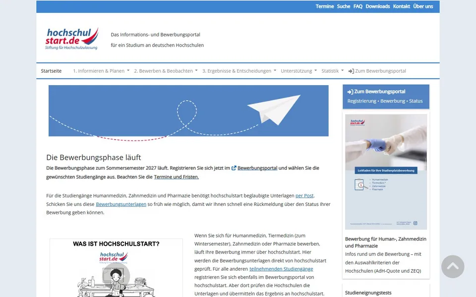 hochschulstart – Ansicht der Anbieter-Website
