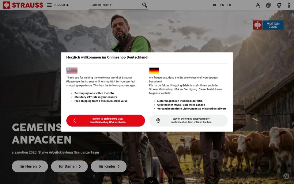 Engelbert Strauss – Ansicht der Anbieter-Website