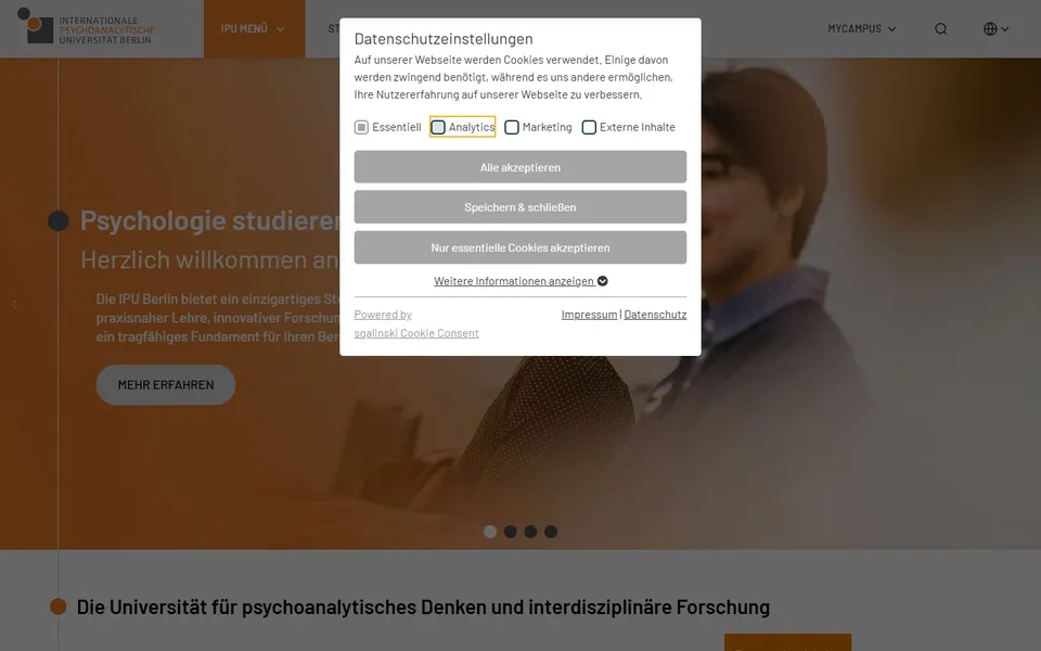 International Psychoanalytic University Berlin – Ansicht der Anbieter-Website