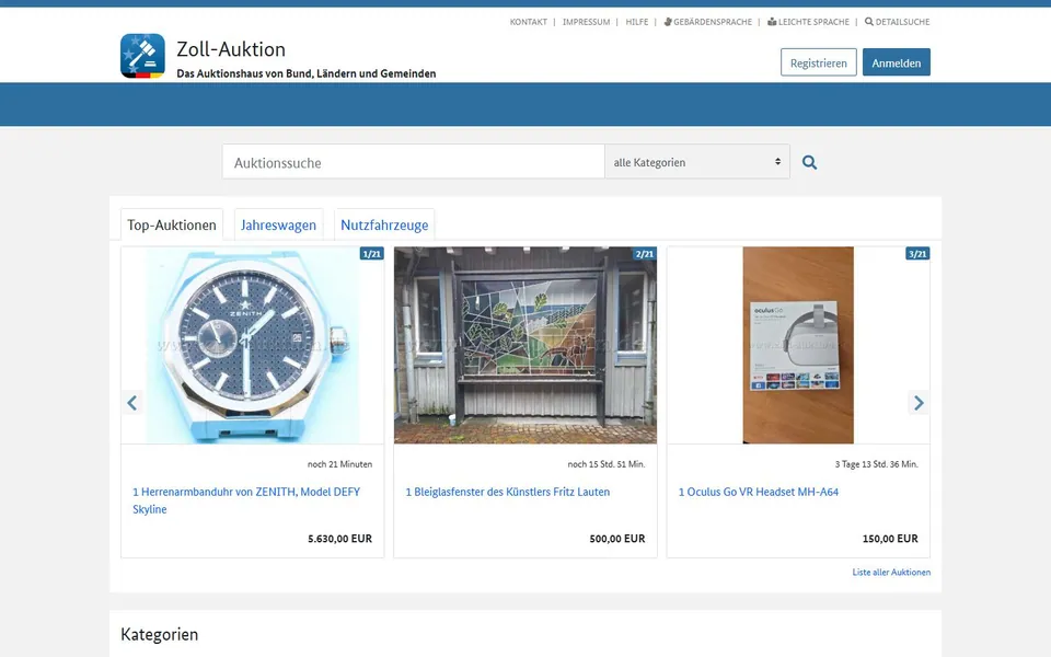 Zoll-Auktion – Ansicht der Anbieter-Website