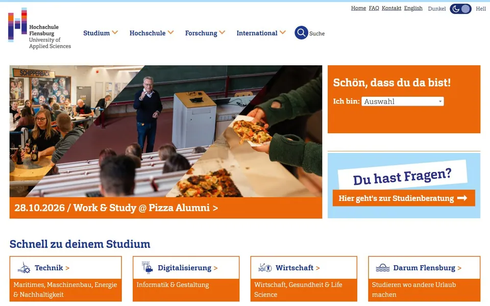 Hochschule Flensburg – Ansicht der Anbieter-Website