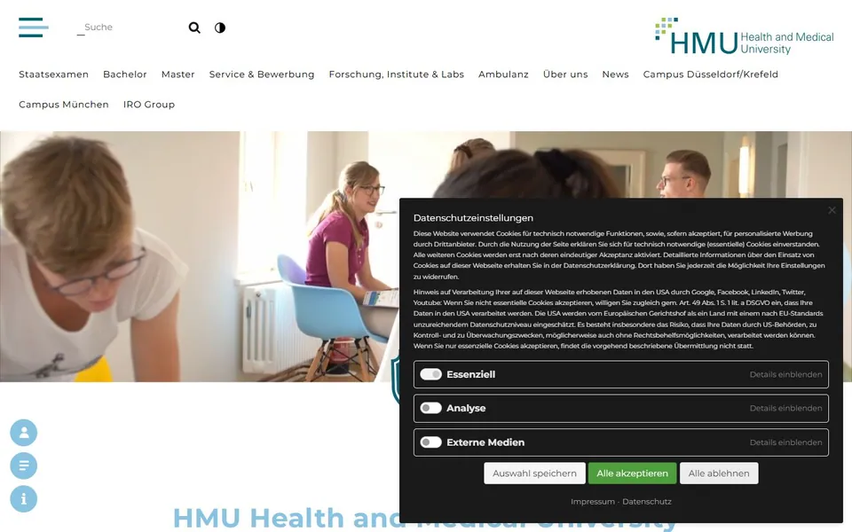 HMU Health and Medical University Potsdam – Ansicht der Anbieter-Website