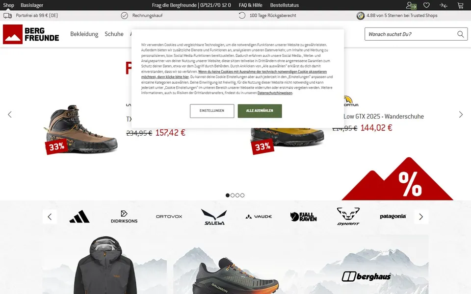 Bergfreunde – Ansicht der Anbieter-Website