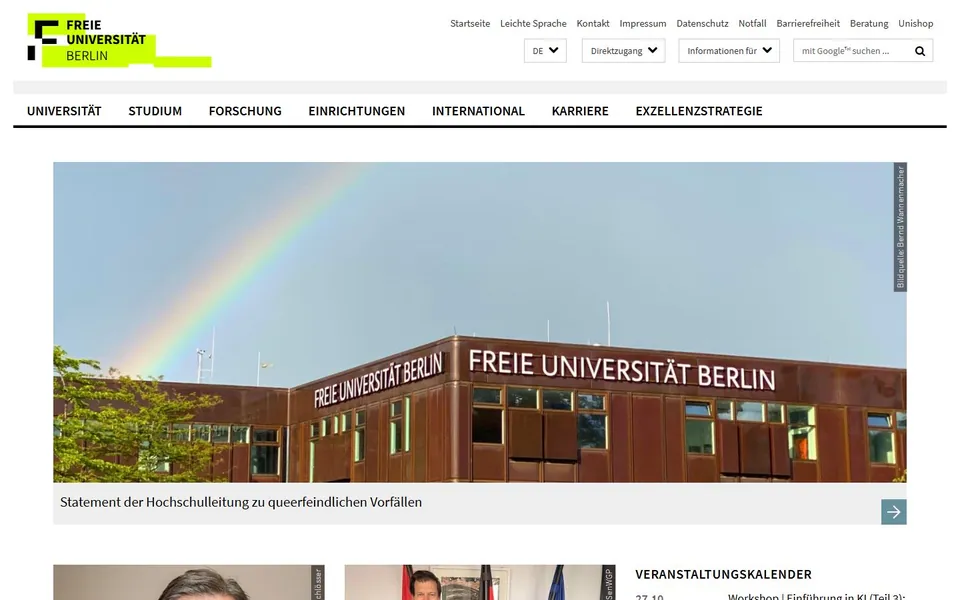 Freie Universität Berlin – Ansicht der Anbieter-Website