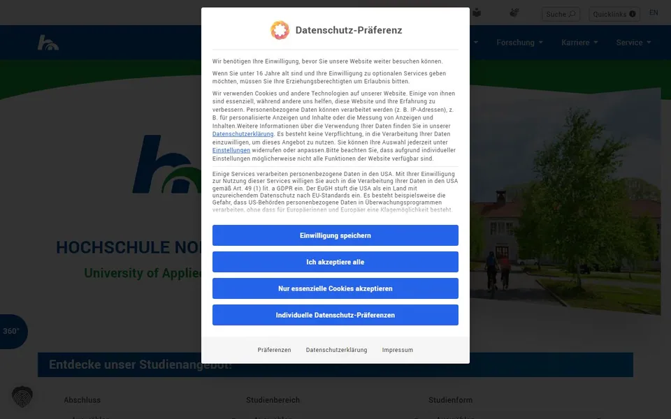 Hochschule Nordhausen – Ansicht der Anbieter-Website