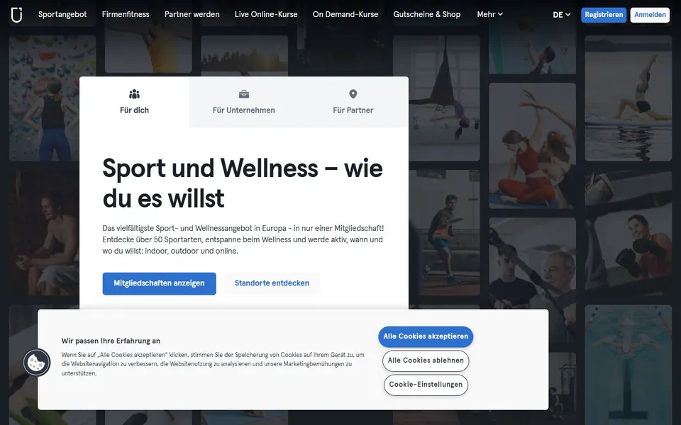 Urban Sports Club – Ansicht der Anbieter-Website