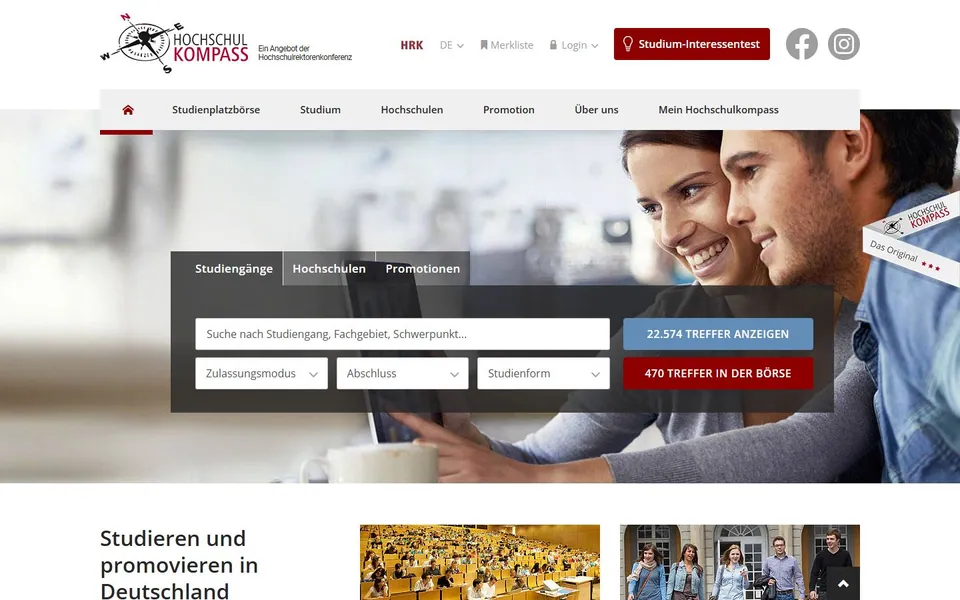 Hochschulkompass – Ansicht der Anbieter-Website
