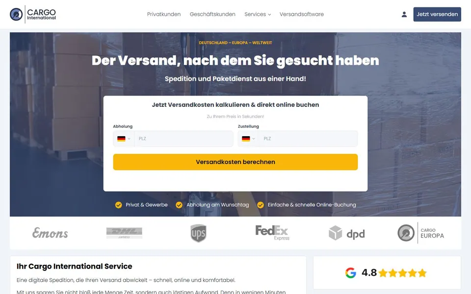 Cargo International – Ansicht der Anbieter-Website