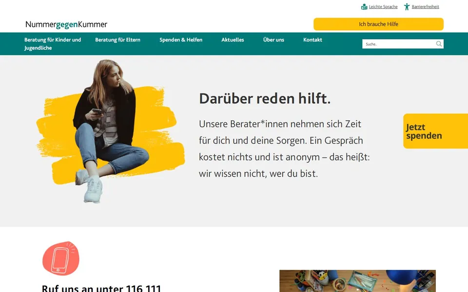 Nummer gegen Kummer – Ansicht der Anbieter-Website