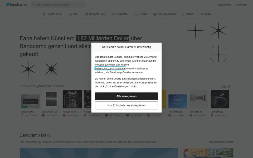 Bandcamp – Ansicht der Anbieter-Website