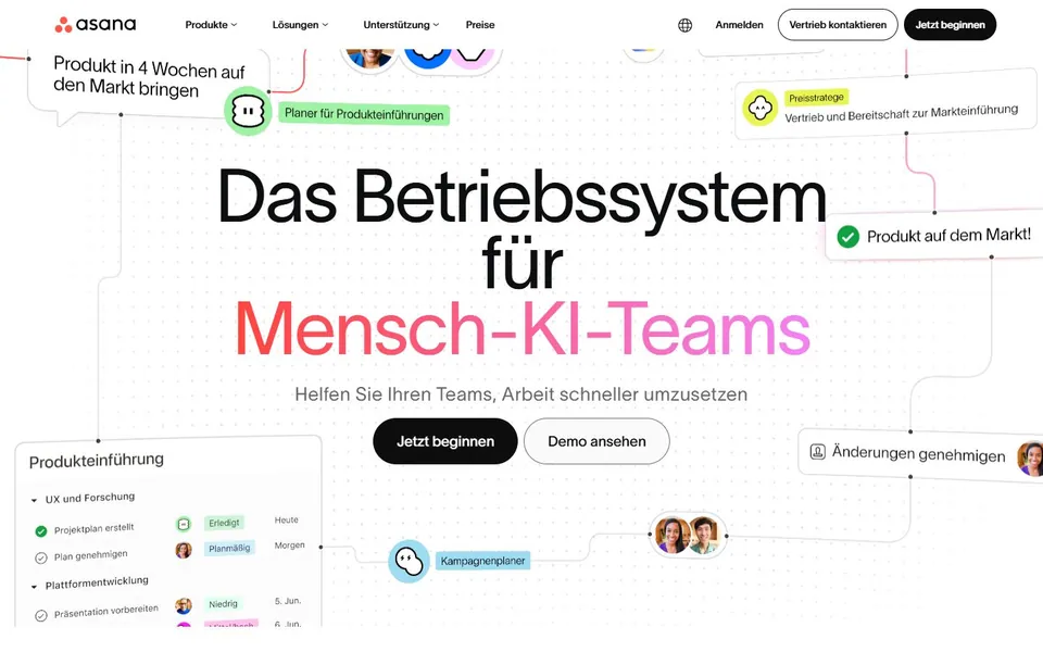 Asana – Ansicht der Anbieter-Website