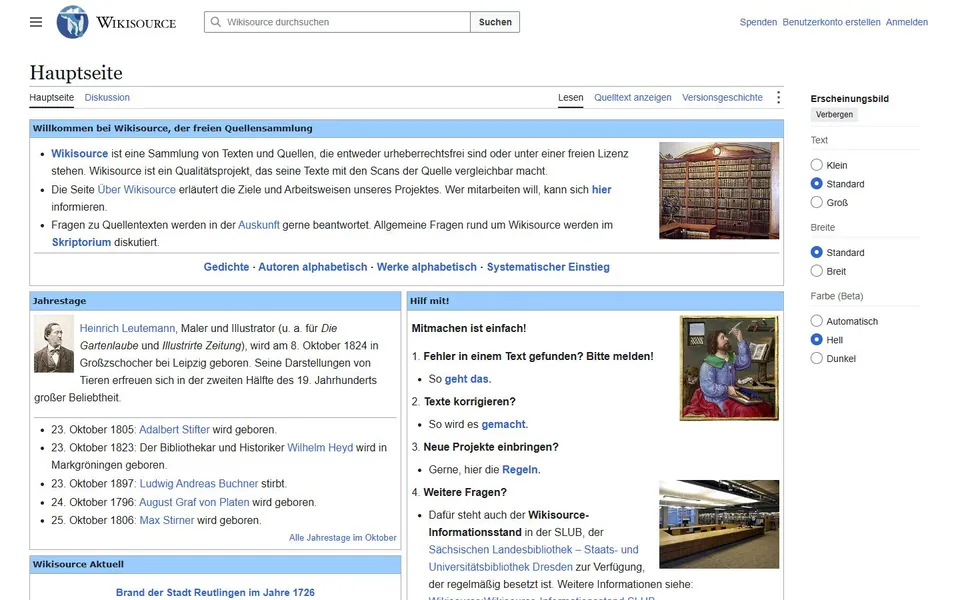 Wikisource – Ansicht der Anbieter-Website