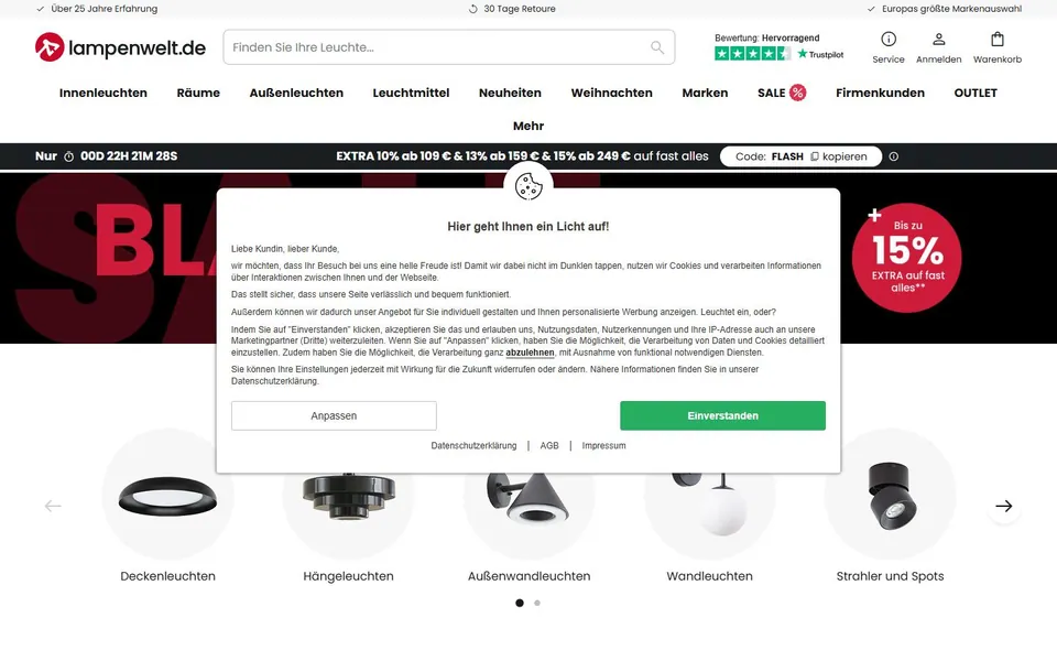 Lampenwelt – Ansicht der Anbieter-Website