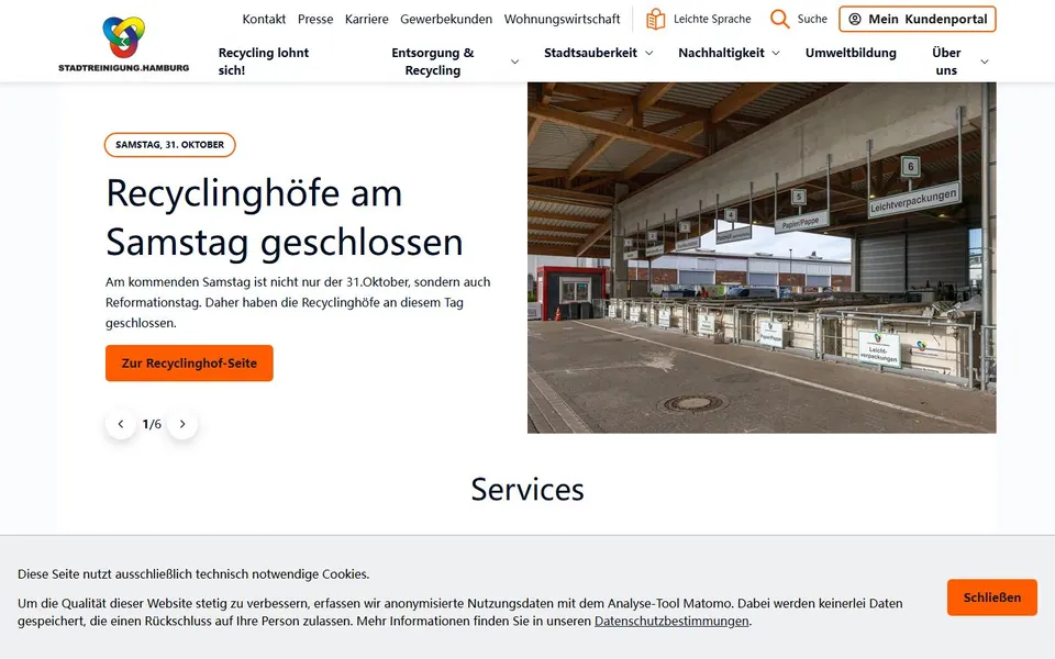 Stadtreinigung Hamburg – Ansicht der Anbieter-Website