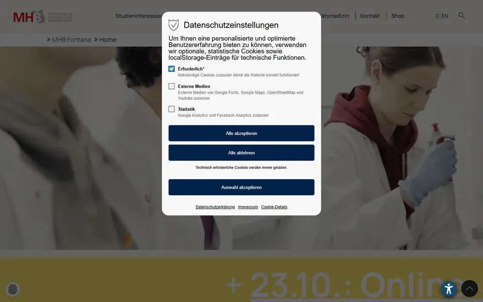 Medizinische Hochschule Brandenburg Theodor Fontane – Ansicht der Anbieter-Website