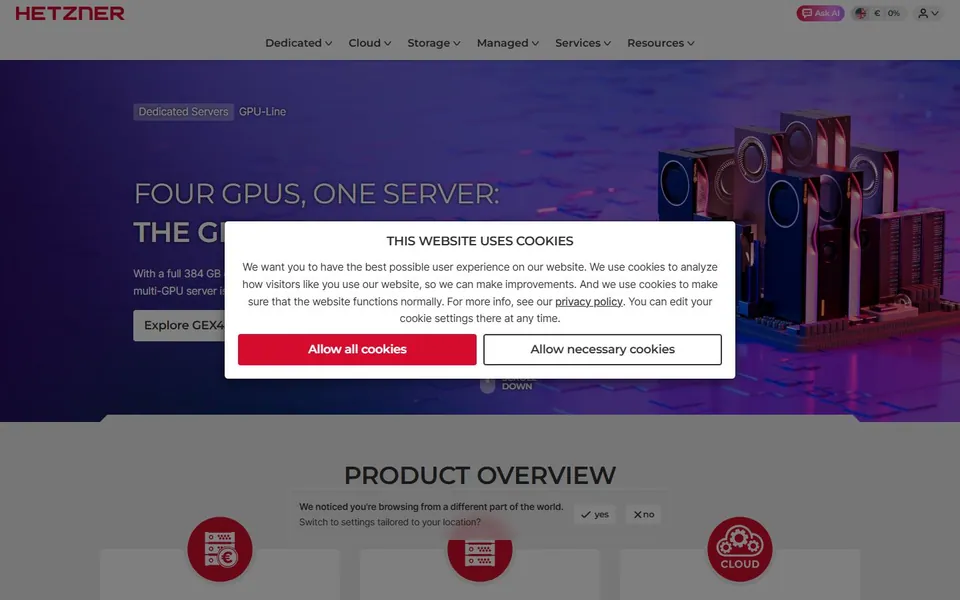 Hetzner – Ansicht der Anbieter-Website